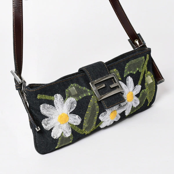 極美品 FENDI フェンディ マンマバケット フラワー デニム Shoulder Bag ショルダーバッグ ネイビー 中古 4a003652