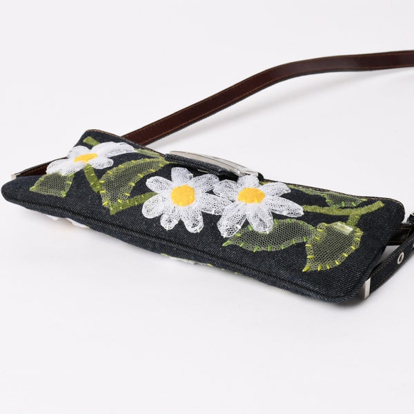 極美品 FENDI フェンディ マンマバケット フラワー デニム Shoulder Bag ショルダーバッグ ネイビー 中古 4a003652