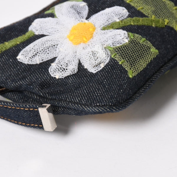 極美品 FENDI フェンディ マンマバケット フラワー デニム Shoulder Bag ショルダーバッグ ネイビー 中古 4a003652