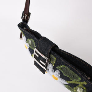 極美品 FENDI フェンディ マンマバケット フラワー デニム Shoulder Bag ショルダーバッグ ネイビー 中古 4a003652