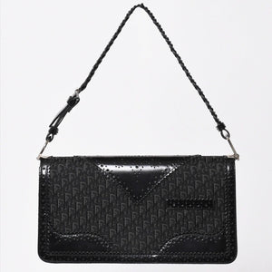 極美品 Christian Dior クリスチャンディオール ジャガード トロッター柄ワンショルダーバッグ 02-MA-0024 コットンキャンバス レザー 中古 4a003557