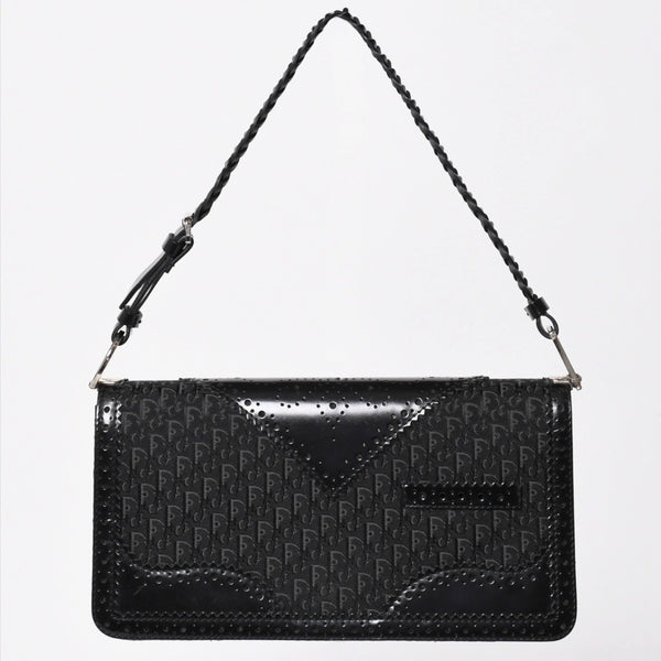 極美品 Christian Dior クリスチャンディオール ジャガード トロッター柄ワンショルダーバッグ 02-MA-0024 コットンキャンバス レザー 中古 4a003557
