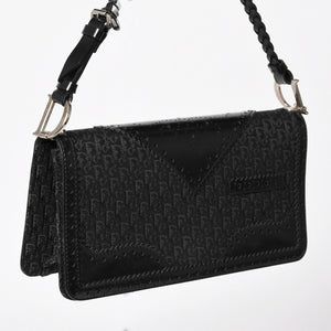 極美品 Christian Dior クリスチャンディオール ジャガード トロッター柄ワンショルダーバッグ 02-MA-0024 コットンキャンバス レザー 中古 4a003557