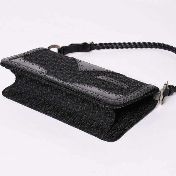極美品 Christian Dior クリスチャンディオール ジャガード トロッター柄ワンショルダーバッグ 02-MA-0024 コットンキャンバス レザー 中古 4a003557