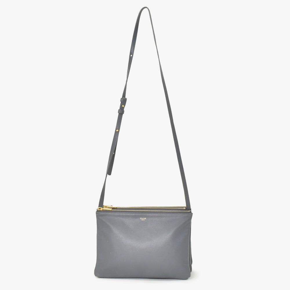 CELINE セリーヌ トリオ Shoulder Bag ショルダーバッグ ライトグレー ゴールド金具 S-AT-1118 美品 中古 4a003245