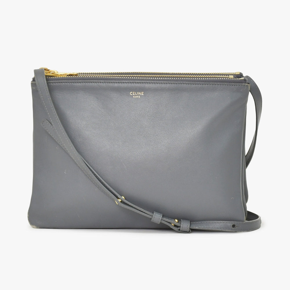 CELINE セリーヌ トリオ Shoulder Bag ショルダーバッグ ライトグレー ゴールド金具 S-AT-1118 美品 中古 4a003245