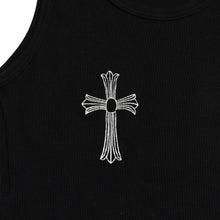 画像をギャラリービューアに読み込む, CHROME HEARTS クロムハーツ リブタンクトップ CHクロス スクロールロゴ ブラック ホワイト Mサイズ 美品 中古 4a003570