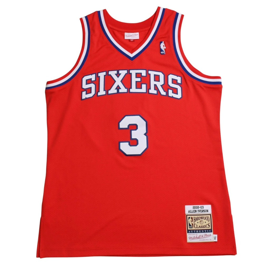 Like new Mitchell&Ness Mitchell &amp; Ness Philadelphia 76ers Allen Iverson 2002-03 Retro Swingman Jersey Size L Blue Red White Used 4a002277