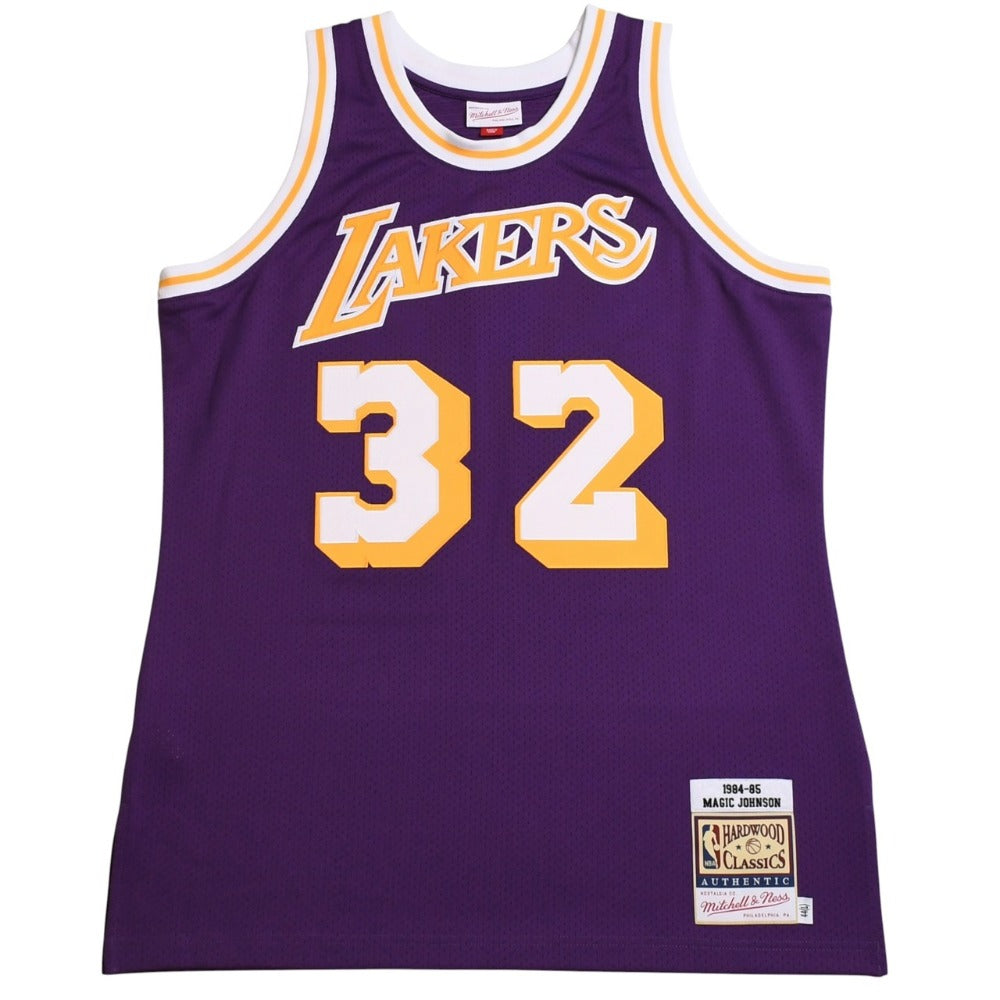 新品同様品 Mitchell&Ness ミッチェルアンドネス ロサンゼルスレイカーズ マジックジョンソン 1984−85 シーズンロード用 スウィングマンジャージ サイズL パープル イエロー 中古 4a002282