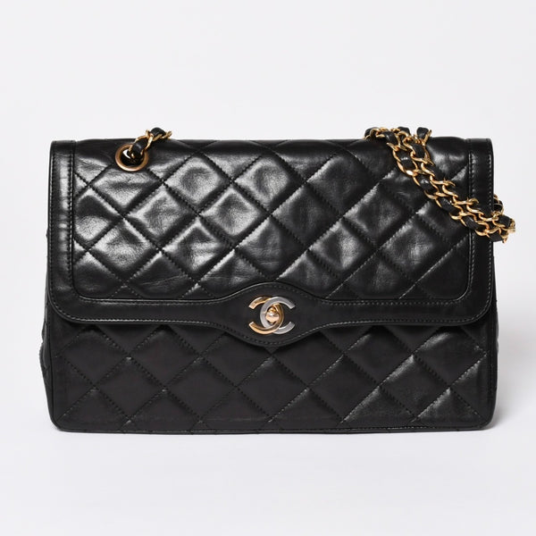CHANEL シャネル マトラッセ Wフラップ Wチェーンショルダーバッグ A2800 3番台 パリ限定 ココマーク ラムスキン ブラック 美品 中古 4a003458