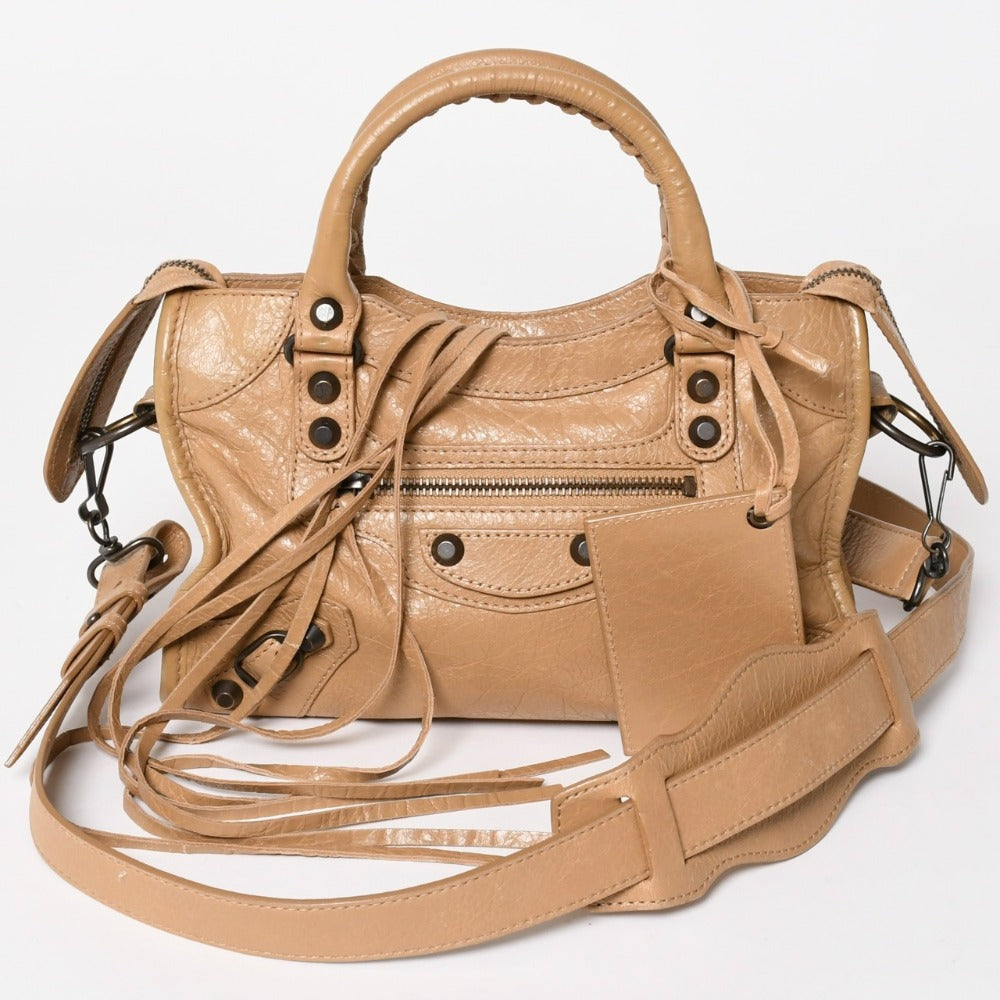 極美品 BALENCIAGA バレンシアガ ハンドバッグ Classic Mini City Bag クラシック ミニ シティ ベージュ レザー 300295 中古 4a003513