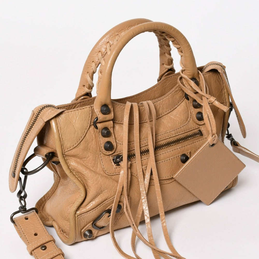 極美品 BALENCIAGA バレンシアガ ハンドバッグ Classic Mini City Bag クラシック ミニ シティ ベージュ レザー 300295 中古 4a003513