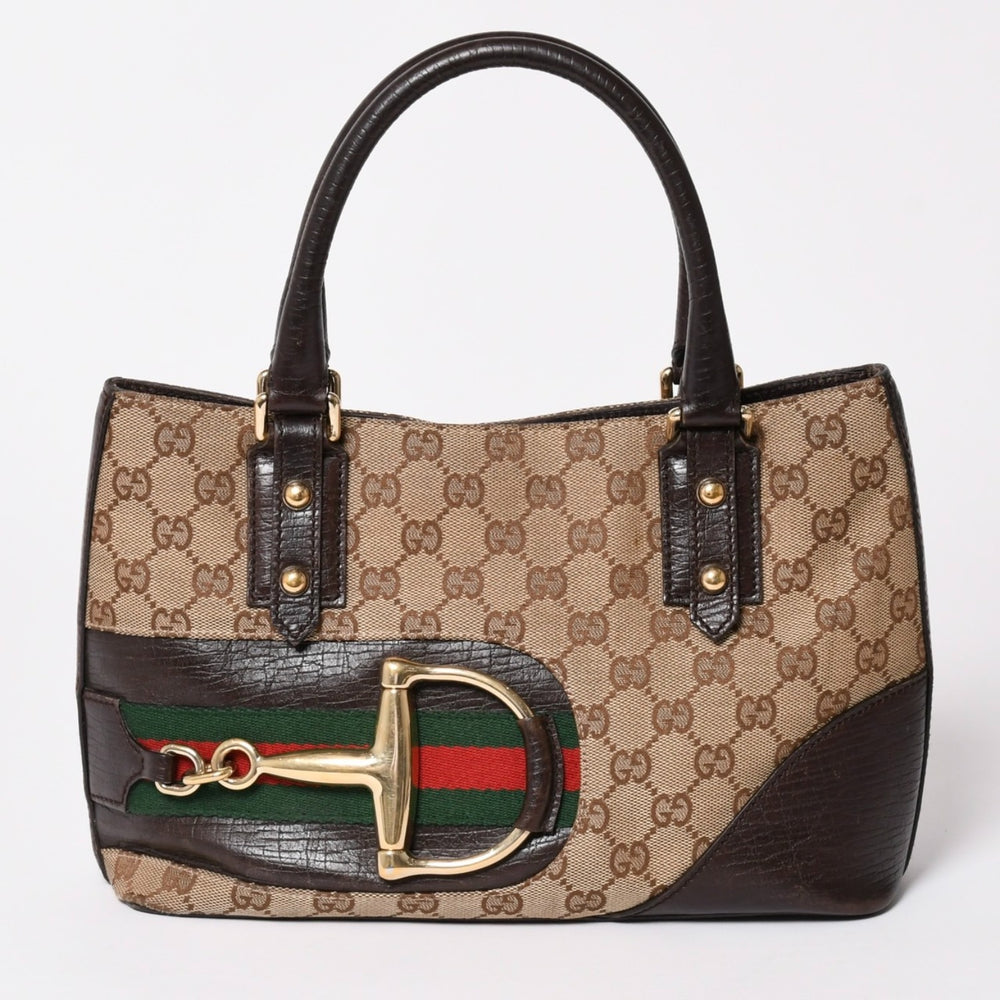 GUCCI グッチ GGキャンバス ホースビット ハンドバッグ ゴールド金具 シェリーライン ダークブラウン 137475 美品 中古 4a003504