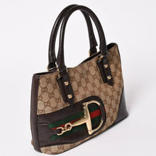 Load image into Gallery viewer, GUCCI グッチ GGキャンバス ホースビット ハンドバッグ ゴールド金具 シェリーライン ダークブラウン 137475 美品 中古 4a003504