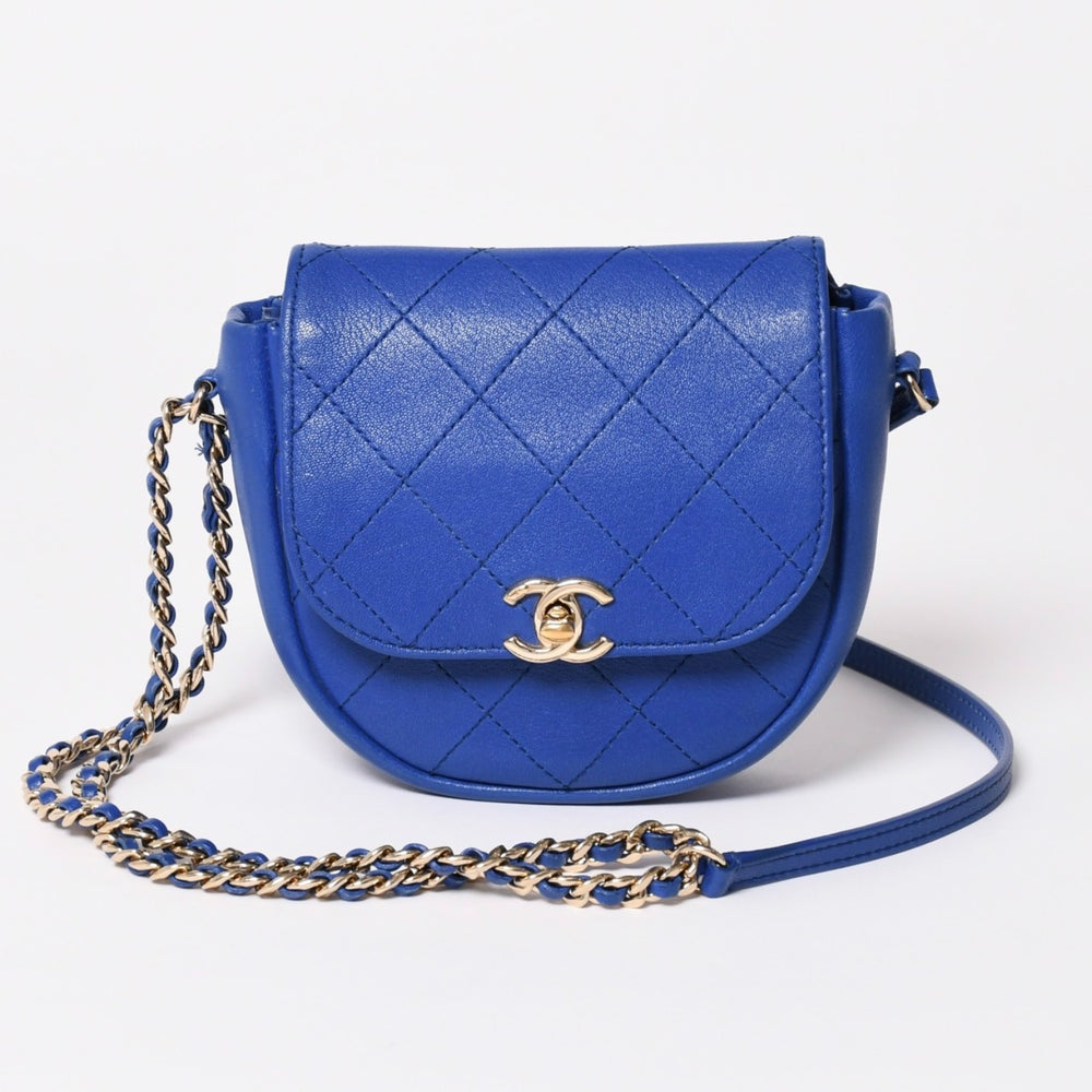 CHANEL Half Moon Chain Shoulder Bag No. 26 Coco Mark Calfskin Blue Gold Hardware Good Condition Used 4a003510