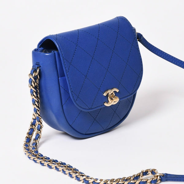 CHANEL シャネル ハーフムーン チェーンショルダーバッグ 26番台 ココマーク カーフスキン ブルー ゴールド金具 美品 中古 4a003510