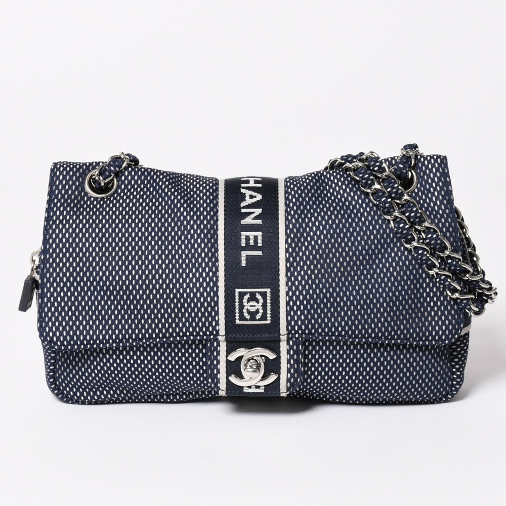 極美品 CHANEL シャネル スポーツライン メッシュチェーンショルダーバッグ ファブリック ココマーク CCターンロック ネイビー 9番台 中古 4a003493