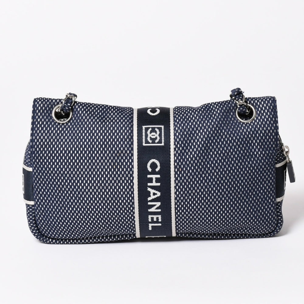 極美品 CHANEL シャネル スポーツライン メッシュチェーンショルダーバッグ ファブリック ココマーク CCターンロック ネイビー 9番台 中古 4a003493