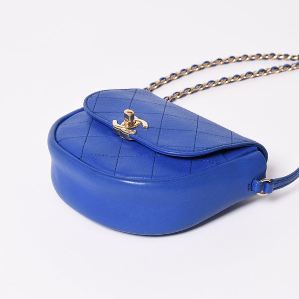CHANEL シャネル ハーフムーン チェーンショルダーバッグ 26番台 ココマーク カーフスキン ブルー ゴールド金具 美品 中古 4a003510
