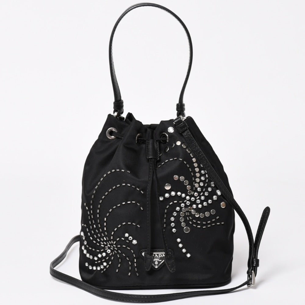 極美品 PRADA プラダ Nylon Bag ナイロンバッグ Hand Bag ハンドバッグ ラインストーン トライアングルロゴ ブラック 中古 4a003519