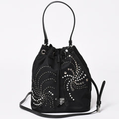 Very Good Condition PRADA Nylon Bag Hand Bag Rhinestone Triangle Logo Black Used 4a003519