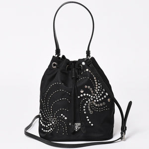 Very Good Condition PRADA Nylon Bag Hand Bag Rhinestone Triangle Logo Black Used 4a003519