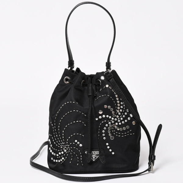 Very Good Condition PRADA Nylon Bag Hand Bag Rhinestone Triangle Logo Black Used 4a003519