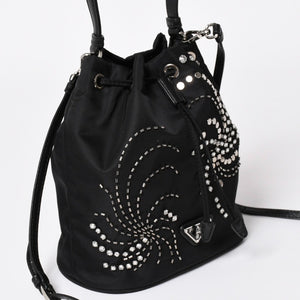 Very Good Condition PRADA Nylon Bag Hand Bag Rhinestone Triangle Logo Black Used 4a003519
