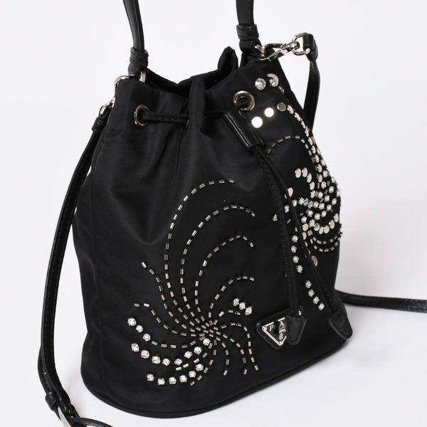 Very Good Condition PRADA Nylon Bag Hand Bag Rhinestone Triangle Logo Black Used 4a003519
