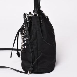 Very Good Condition PRADA Nylon Bag Hand Bag Rhinestone Triangle Logo Black Used 4a003519