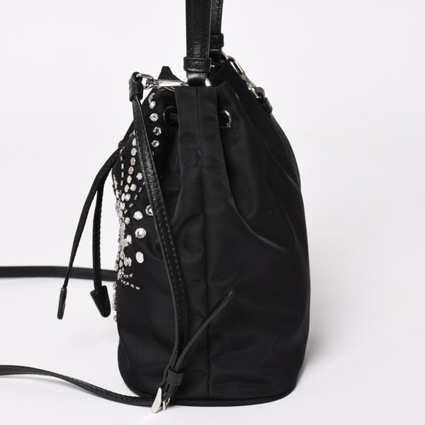 Very Good Condition PRADA Nylon Bag Hand Bag Rhinestone Triangle Logo Black Used 4a003519