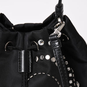Very Good Condition PRADA Nylon Bag Hand Bag Rhinestone Triangle Logo Black Used 4a003519