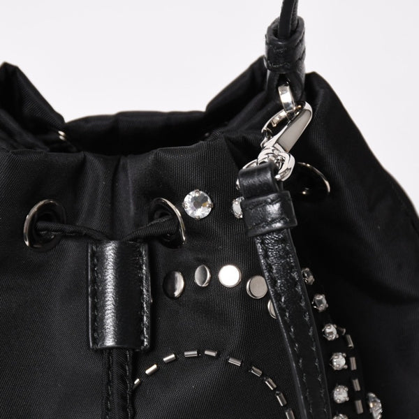 Very Good Condition PRADA Nylon Bag Hand Bag Rhinestone Triangle Logo Black Used 4a003519