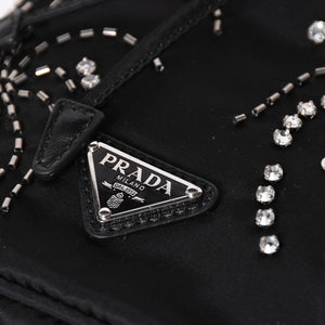 Very Good Condition PRADA Nylon Bag Hand Bag Rhinestone Triangle Logo Black Used 4a003519