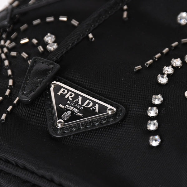 Very Good Condition PRADA Nylon Bag Hand Bag Rhinestone Triangle Logo Black Used 4a003519