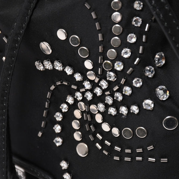 Very Good Condition PRADA Nylon Bag Hand Bag Rhinestone Triangle Logo Black Used 4a003519