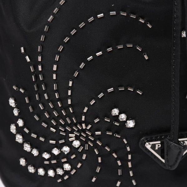 Very Good Condition PRADA Nylon Bag Hand Bag Rhinestone Triangle Logo Black Used 4a003519