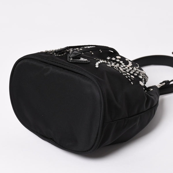 Very Good Condition PRADA Nylon Bag Hand Bag Rhinestone Triangle Logo Black Used 4a003519