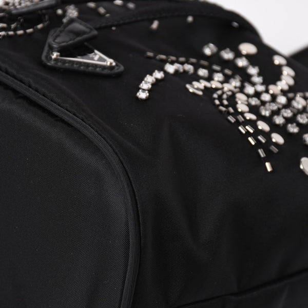 Very Good Condition PRADA Nylon Bag Hand Bag Rhinestone Triangle Logo Black Used 4a003519
