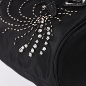 Very Good Condition PRADA Nylon Bag Hand Bag Rhinestone Triangle Logo Black Used 4a003519