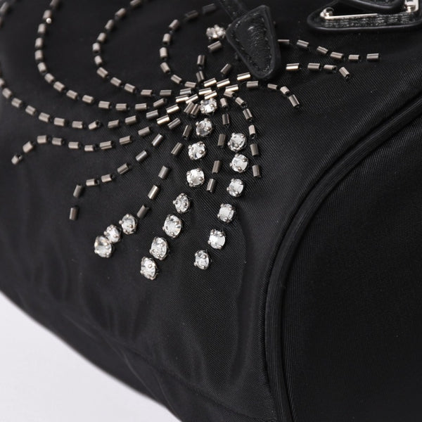 Very Good Condition PRADA Nylon Bag Hand Bag Rhinestone Triangle Logo Black Used 4a003519