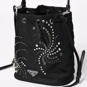 Very Good Condition PRADA Nylon Bag Hand Bag Rhinestone Triangle Logo Black Used 4a003519