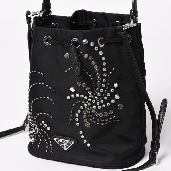 Very Good Condition PRADA Nylon Bag Hand Bag Rhinestone Triangle Logo Black Used 4a003519