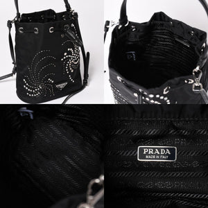 Very Good Condition PRADA Nylon Bag Hand Bag Rhinestone Triangle Logo Black Used 4a003519