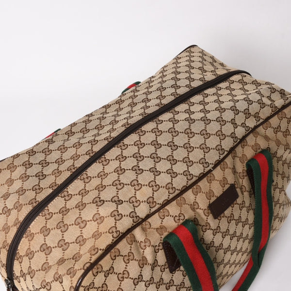 極美品 GUCCI グッチ GGキャンバス シェリーライン ボストンバッグ トートバッグ 146310 レザー ブラウン 中古 4a003528