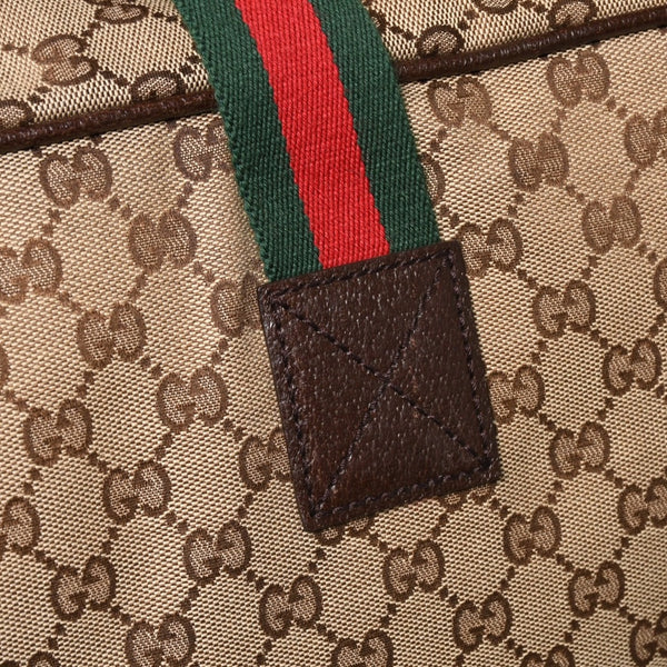 極美品 GUCCI グッチ GGキャンバス シェリーライン ボストンバッグ トートバッグ 146310 レザー ブラウン 中古 4a003528