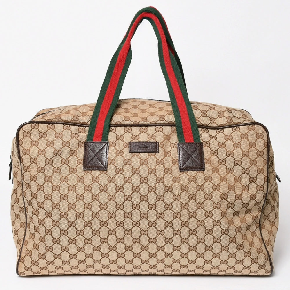 極美品 GUCCI グッチ GGキャンバス シェリーライン ボストンバッグ トートバッグ 146310 レザー ブラウン 中古 4a003528