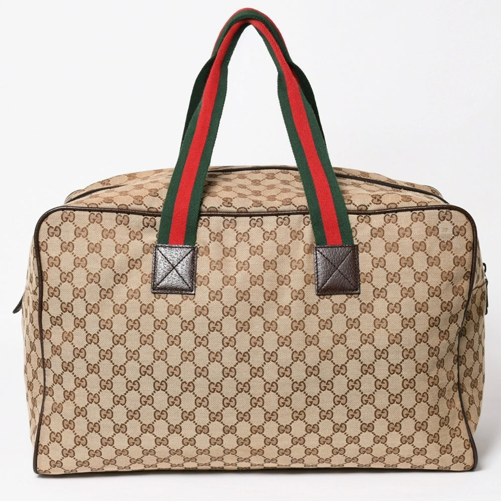 極美品 GUCCI グッチ GGキャンバス シェリーライン ボストンバッグ トートバッグ 146310 レザー ブラウン 中古 4a003528