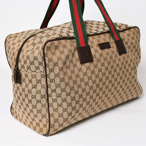 極美品 GUCCI グッチ GGキャンバス シェリーライン ボストンバッグ トートバッグ 146310 レザー ブラウン 中古 4a003528