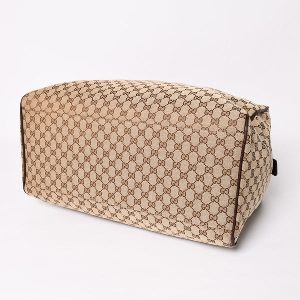 極美品 GUCCI グッチ GGキャンバス シェリーライン ボストンバッグ トートバッグ 146310 レザー ブラウン 中古 4a003528